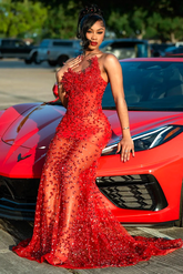 Gorgeous Long Red Sheer Beaded Strapless Mermaid Prom Dress with Rhinestones