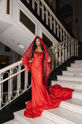 Gorgeous Long Red Strapless Beaded Mermaid Prom Dress with Veil