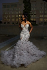 Gorgeous Long Silver Mermaid Beaded Diamond Prom Dress with Ruffles