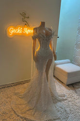 Gorgeous Long Silver Off-the-shoulder Mermaid Lace Beadings Prom Dress with Slit