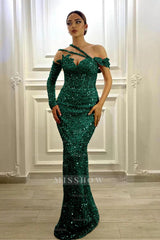 Gorgeous Long Sleeves One Shoulder Lavender Formal Dress Mermaid With Sequins