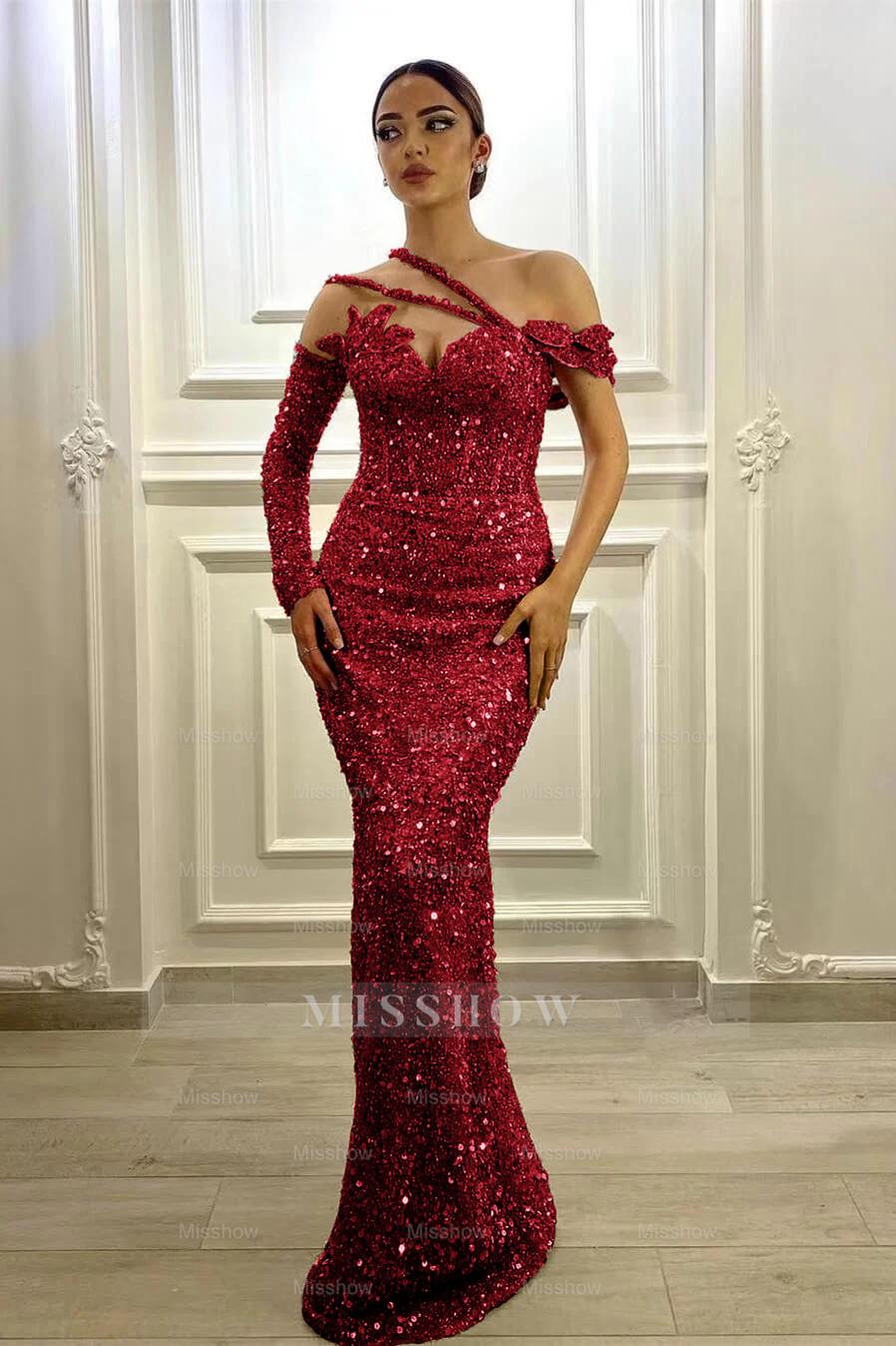 Gorgeous Long Sleeves One Shoulder Lavender Formal Dress Mermaid With Sequins