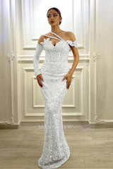 Gorgeous Long Sleeves One Shoulder Lavender Formal Dress Mermaid With Sequins