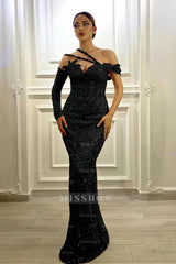 Gorgeous Long Sleeves One Shoulder Lavender Formal Dress Mermaid With Sequins