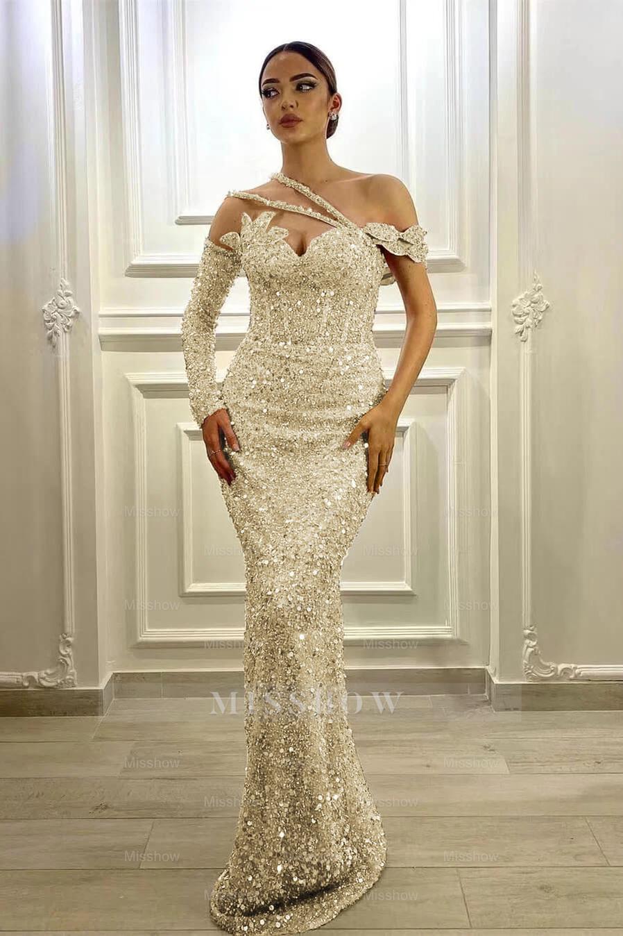 Gorgeous Long Sleeves One Shoulder Lavender Formal Dress Mermaid With Sequins