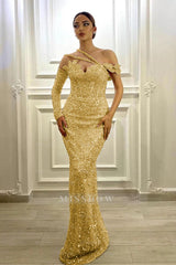 Gorgeous Long Sleeves One Shoulder Lavender Formal Dress Mermaid With Sequins