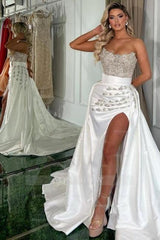 Gorgeous Long White A-line Strapless Jewel Prom Evening Dresses With Slit
