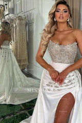 Gorgeous Long White A-line Strapless Jewel Prom Evening Dresses With Slit