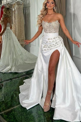 Gorgeous Long White A-line Strapless Jewel Prom Evening Dresses With Slit