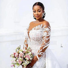Gorgeous Long White Mermaid Lace Beaded Long Sleeve Wedding Dress with Detachable Train