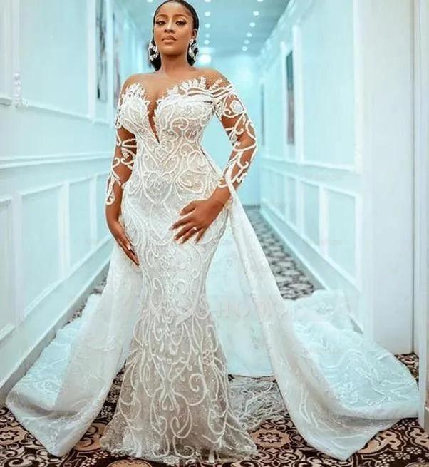 Gorgeous Long White Mermaid Lace Beaded Long Sleeve Wedding Dress with Detachable Train