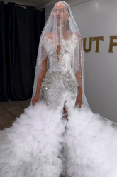 Gorgeous Long White V-neck Sleeveless Mermaid Beaded Wedding Dress with Ruffles and Slit