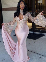 Gorgeous Mermaid Long Sleeves High Neck Chapel Train Applique Silk Like Satin Prom Evening Dresses