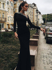 Gorgeous Mermaid Long Sleeves One-Shoulder Spandex Beading Prom Evening Dresses