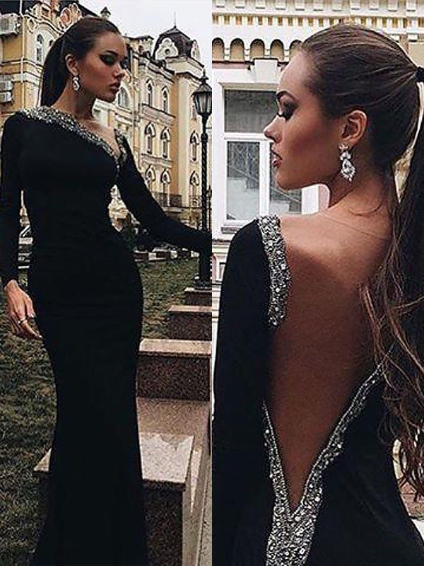 Gorgeous Mermaid Long Sleeves One-Shoulder Spandex Beading Prom Evening Dresses