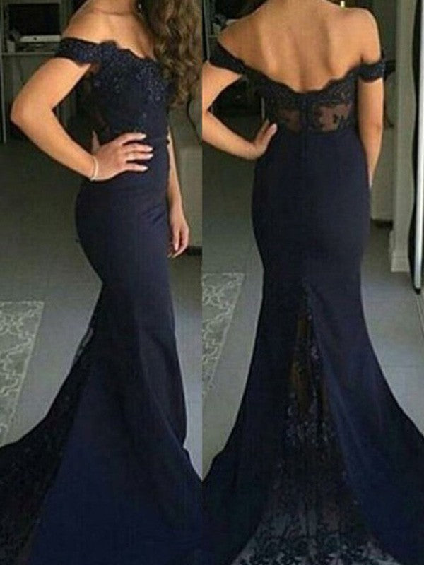 Gorgeous Mermaid Off-the-Shoulder Sleeveless Lace Satin Prom Evening Dresses