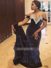 Gorgeous Mermaid Sleeveless Off-the-Shoulder Applique Velvet Prom Evening Dresses