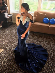 Gorgeous Mermaid Sleeveless Off-the-Shoulder Applique Velvet Prom Evening Dresses