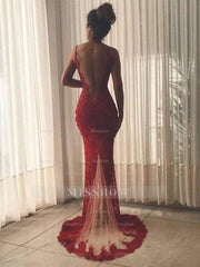 Gorgeous Mermaid Sleeveless V-neck Lace Tulle Prom Evening Dresses