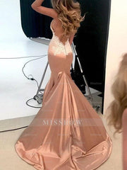 Gorgeous Mermaid Straps V-neck Sleeveless Applique Silk like Satin Prom Evening Dresses