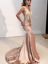 Gorgeous Mermaid Straps V-neck Sleeveless Applique Silk like Satin Prom Evening Dresses