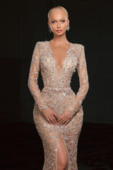 Gorgeous Mermaid V-Neck Long Sleeves Beaded Sequined Split Front Long Tulle Evening Dresses With Rhinestones