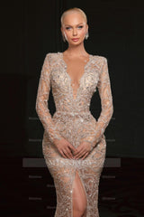 Gorgeous Mermaid V-Neck Long Sleeves Beaded Sequined Split Front Long Tulle Evening Dresses With Rhinestones
