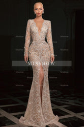 Gorgeous Mermaid V-Neck Long Sleeves Beaded Sequined Split Front Long Tulle Evening Dresses With Rhinestones