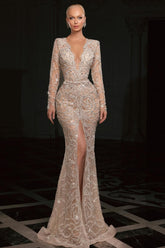 Gorgeous Mermaid V-Neck Long Sleeves Beaded Sequined Split Front Long Tulle Evening Dresses With Rhinestones