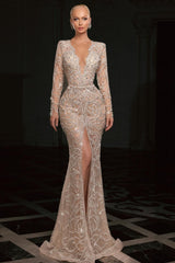 Gorgeous Mermaid V-Neck Long Sleeves Beaded Sequined Split Front Long Tulle Evening Dresses With Rhinestones