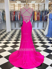 Gorgeous Mermaid V-neck Sleeveless Spandex Ruched Prom Evening Dresses