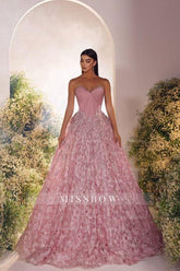 Gorgeous Pink A-Line Sweetheart Beaded Sleeveless Long Tulle Prom Dresses With Appliques And Pearls