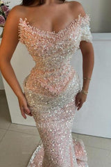Gorgeous Pink Strapless Mermaid Beaded Sequined Sleeveless Long Evening Dresses With Pearls
