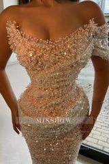 Gorgeous Pink Strapless Mermaid Beaded Sequined Sleeveless Long Evening Dresses With Pearls