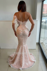 Gorgeous Pink Strapless Mermaid Beaded Sequined Sleeveless Long Evening Dresses With Pearls