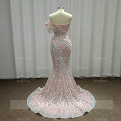 Gorgeous Pink Strapless Mermaid Beaded Sequined Sleeveless Long Evening Dresses With Pearls