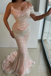 Gorgeous Pink Strapless Mermaid Beaded Sequined Sleeveless Long Evening Dresses With Pearls