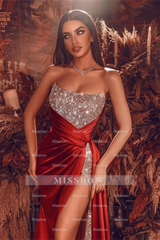 Gorgeous Red Long Evening Dress With Split Long Beads Prom Evening Dresses