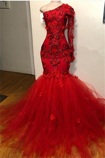 Gorgeous Red One-Shoulder Long-Sleeves Appliques Sexy Mermaid Prom Evening Dresses