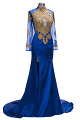 Gorgeous Royal Blue Prom Evening Dresses | Gold Appliques Side Slit Mermaid Evening Dresses