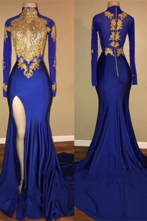 Gorgeous Royal Blue Prom Evening Dresses | Gold Appliques Side Slit Mermaid Evening Dresses
