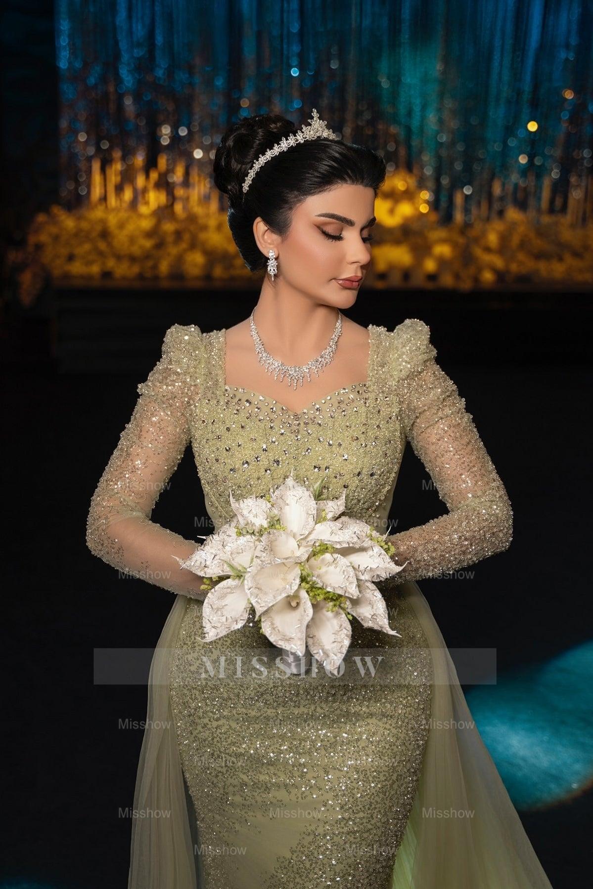 Gorgeous Sage Mermaid Square Long Sleeves Sequined Panel Train Tulle Evening Dress With Rhinestones