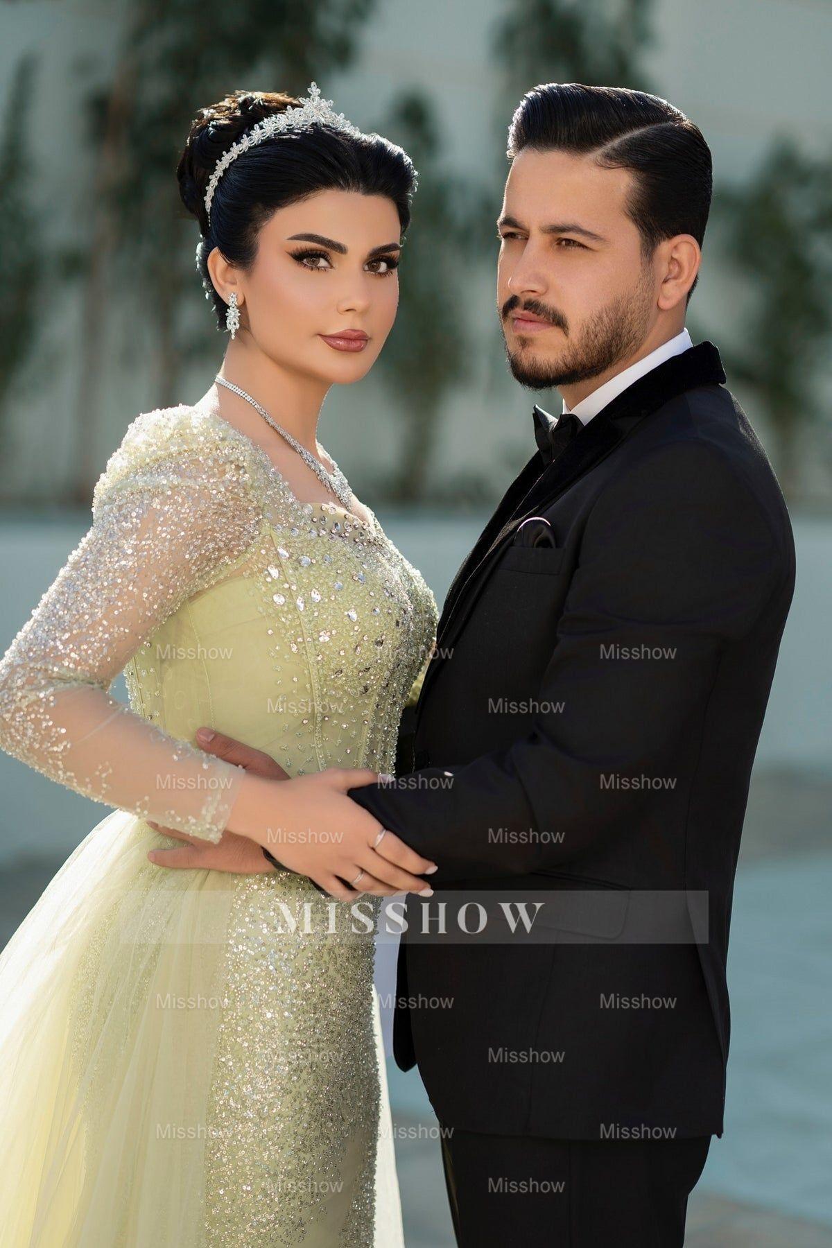 Gorgeous Sage Mermaid Square Long Sleeves Sequined Panel Train Tulle Evening Dress With Rhinestones