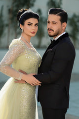 Gorgeous Sage Mermaid Square Long Sleeves Sequined Panel Train Tulle Evening Dress With Rhinestones