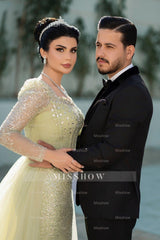 Gorgeous Sage Mermaid Square Long Sleeves Sequined Panel Train Tulle Evening Dress With Rhinestones