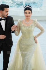 Gorgeous Sage Mermaid Square Long Sleeves Sequined Panel Train Tulle Evening Dress With Rhinestones