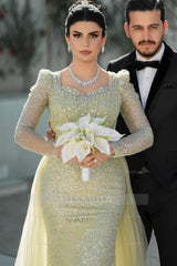 Gorgeous Sage Mermaid Square Long Sleeves Sequined Panel Train Tulle Evening Dress With Rhinestones