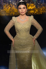 Gorgeous Sage Mermaid Square Long Sleeves Sequined Panel Train Tulle Evening Dress With Rhinestones