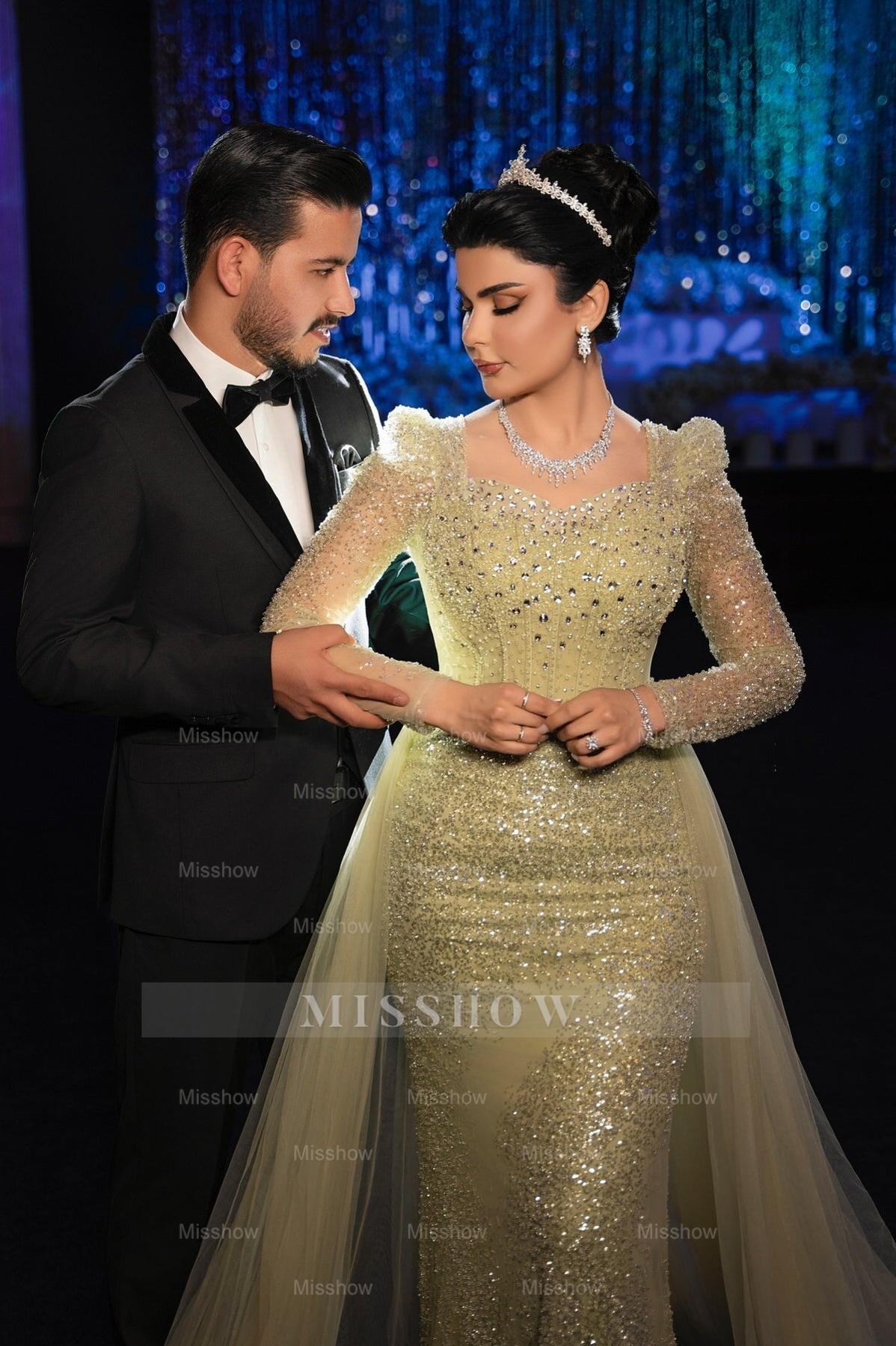 Gorgeous Sage Mermaid Square Long Sleeves Sequined Panel Train Tulle Evening Dress With Rhinestones