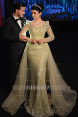 Gorgeous Sage Mermaid Square Long Sleeves Sequined Panel Train Tulle Evening Dress With Rhinestones